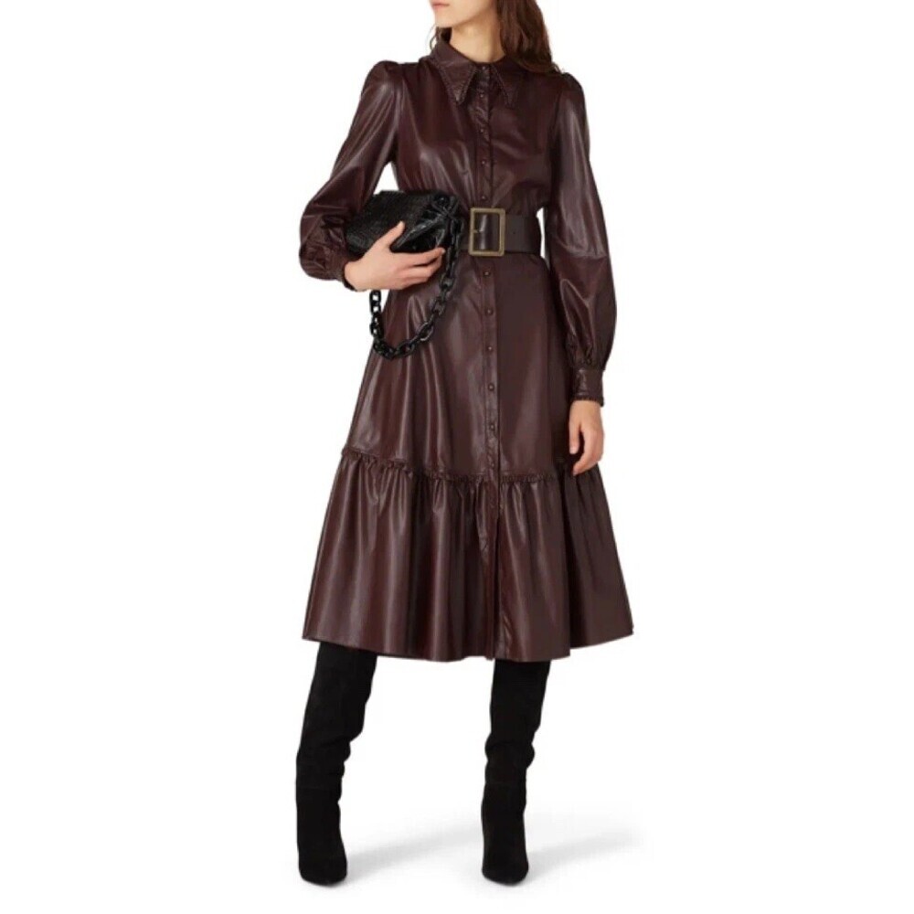 Nicholas Faux Leather Button-Down Larisa Midi Dress Burgundy Size 8